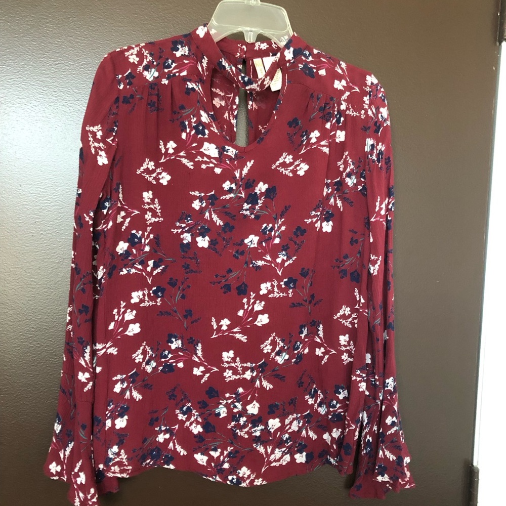Japna Red Graphic Long Sleeve Blouse with Mandarin Collar